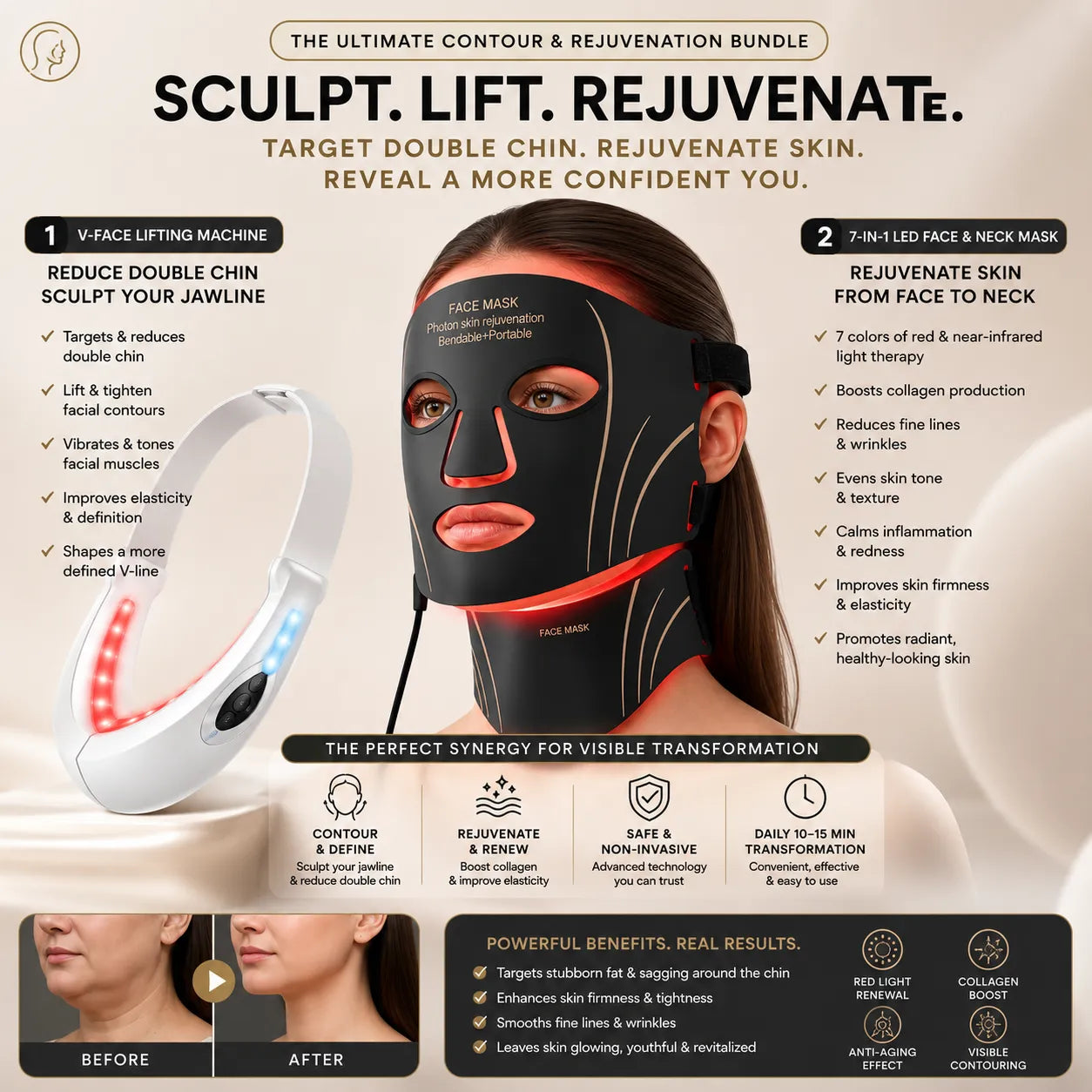 The Facial Sculpting System: 7-Color LED Infrared Face and Neck Mask + EMS V-Contour Jawline Sculptor