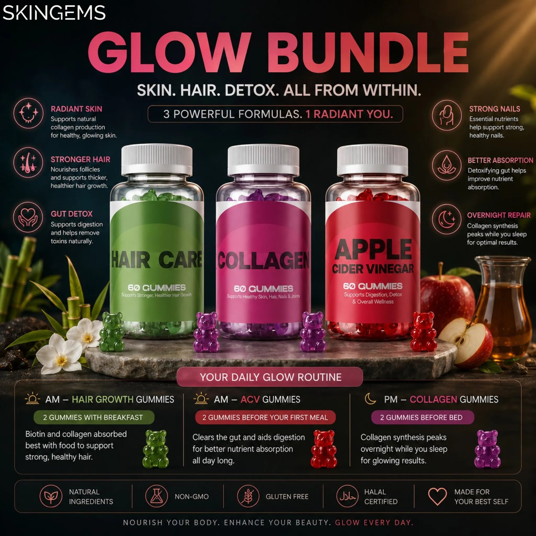 Glow Bundle | Skin, Hair & Detox Gummies