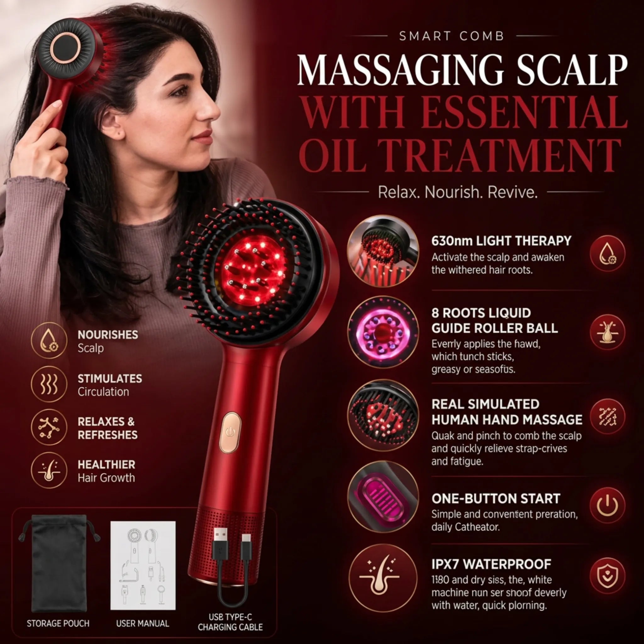 Red Light Hair Growth Brush | 72-Bristle Scalp Massager